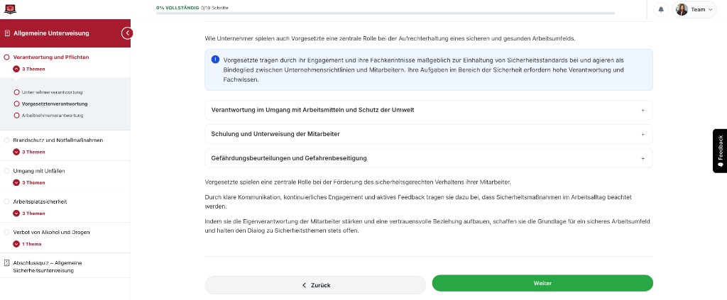 Kursseite mit Fortschrittsbalken und Schaltflächen Zurück und Weiter