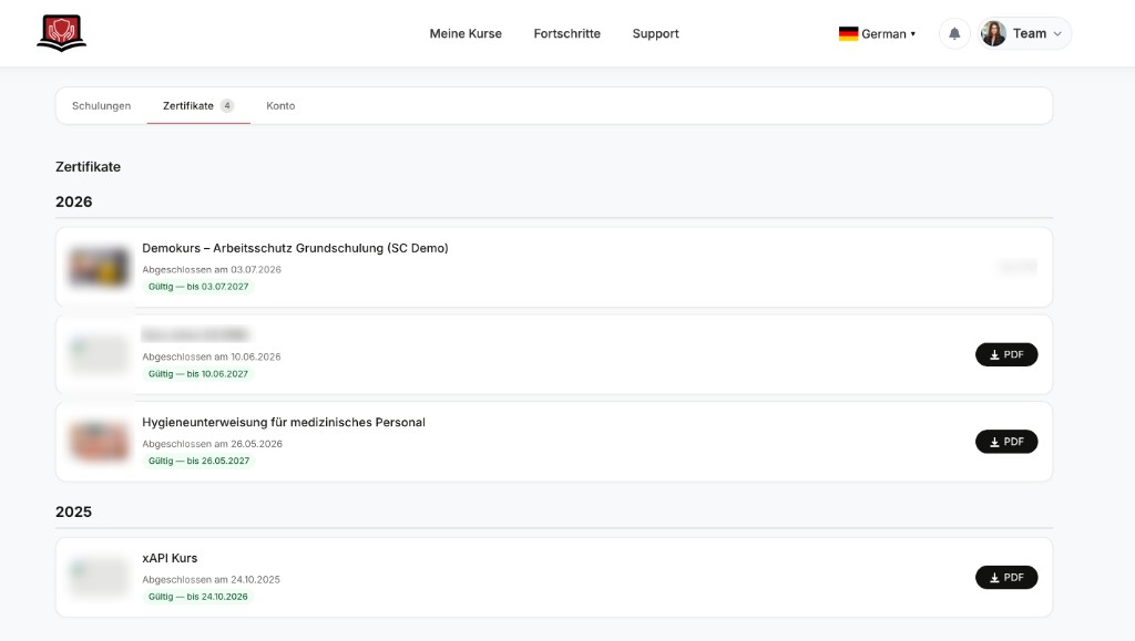 Zertifikatsliste mit Download-Schaltfläche und Status Gültig